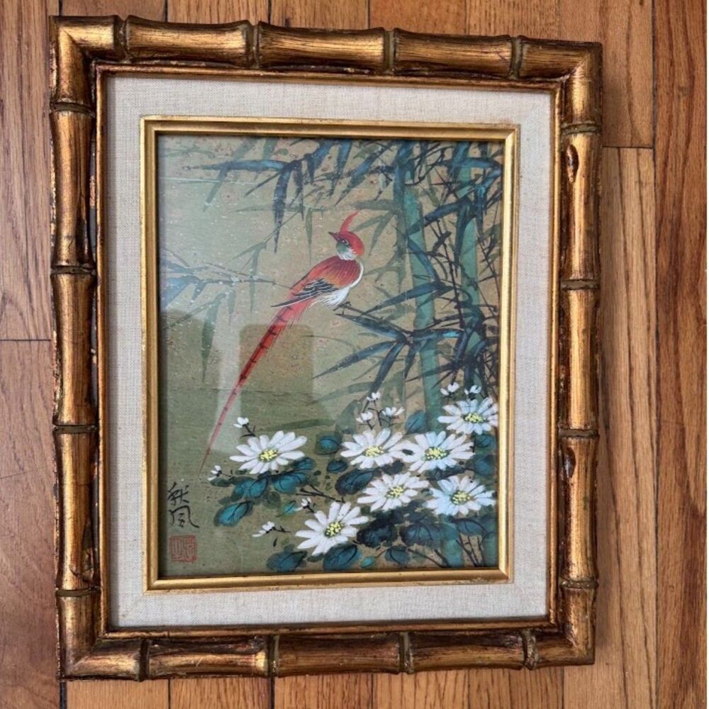 Vintage Asian Bird and Flower Painting Watercolor on Cork Framed in Gold Bamboo